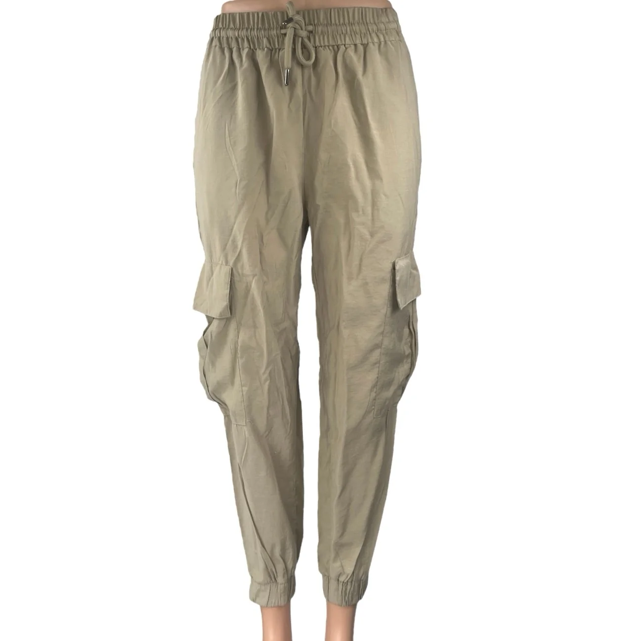 Zara Women's Beige High Waist Drawstring Pockets Cargo Trousers Jogger Pants XS