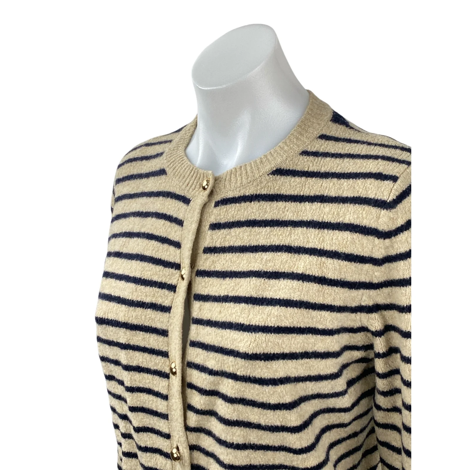 Zara Women's Beige Wool Striped Long Sleeve Button Down Cardigan Sweater Top M - Image 2