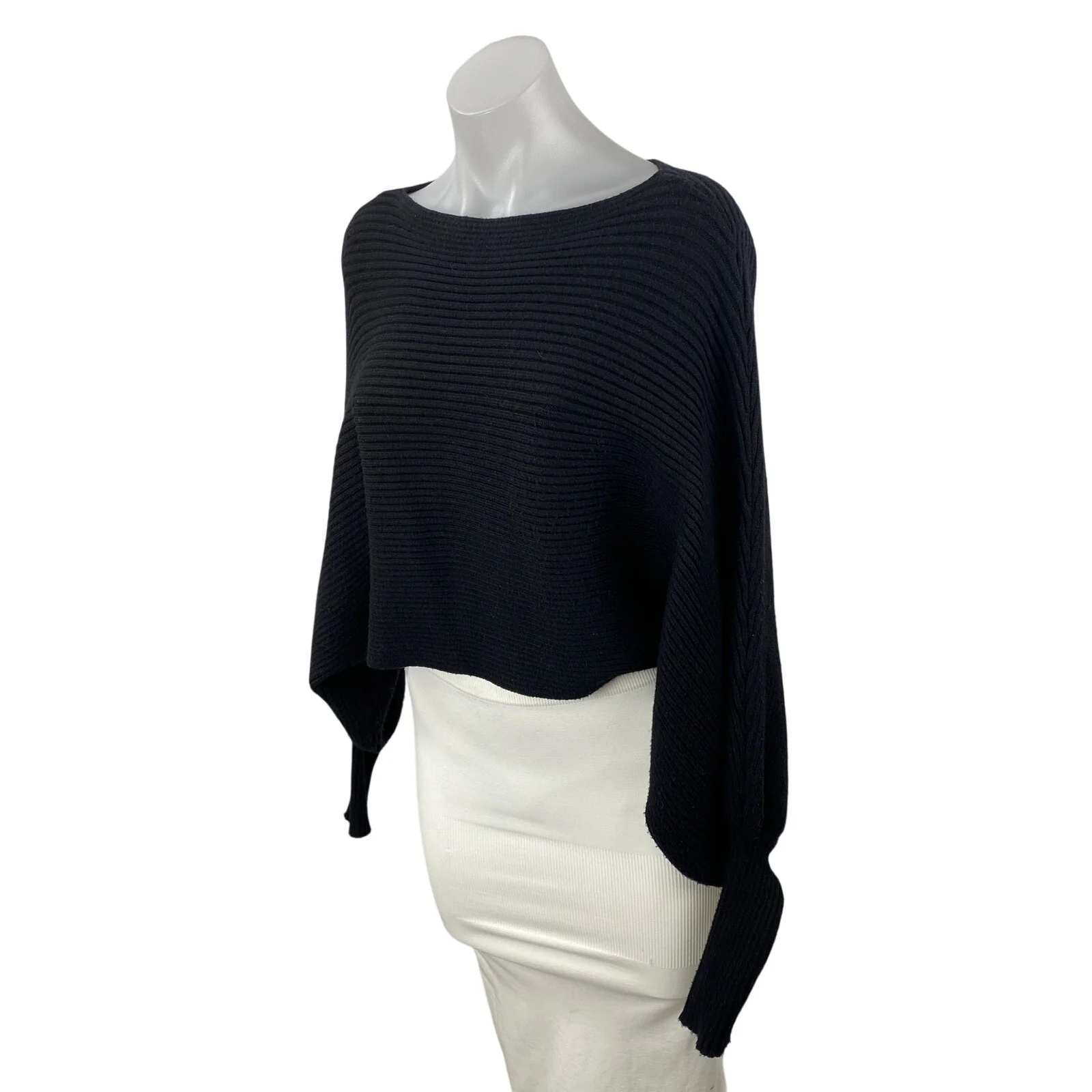 Zara Women's Black Boat Neck Ribbed Knit Batwing Sleeve Boxy Sweater Top Size S - Image 3