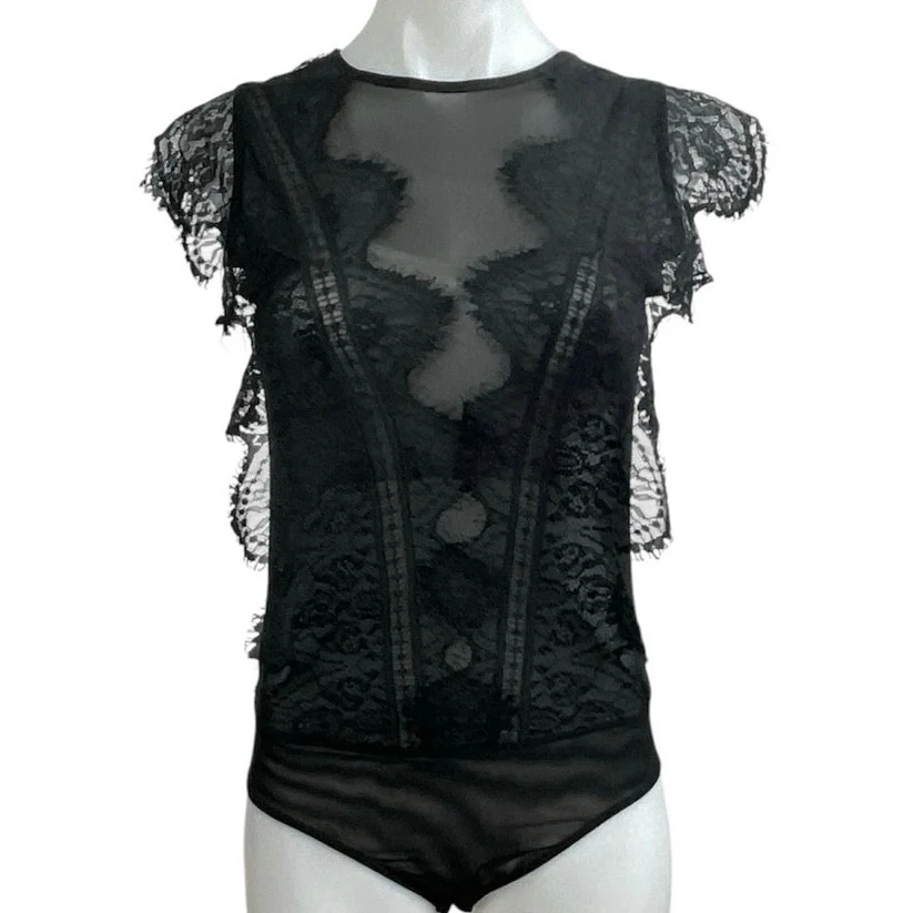 Zara Women's Black Lace Sheer Mesh Ruffle High Neck Cap Sleeves Bodysuit Top S - Image 4