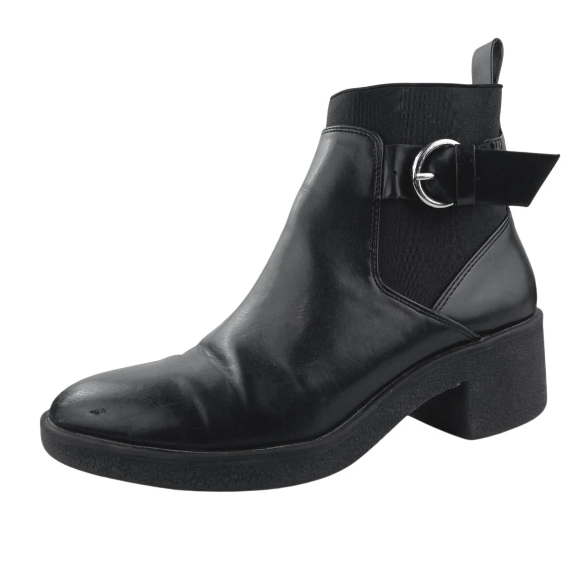 Zara Women's Black Leather Almond Toe Buckle Strap Ankle Boots Booties Size 8