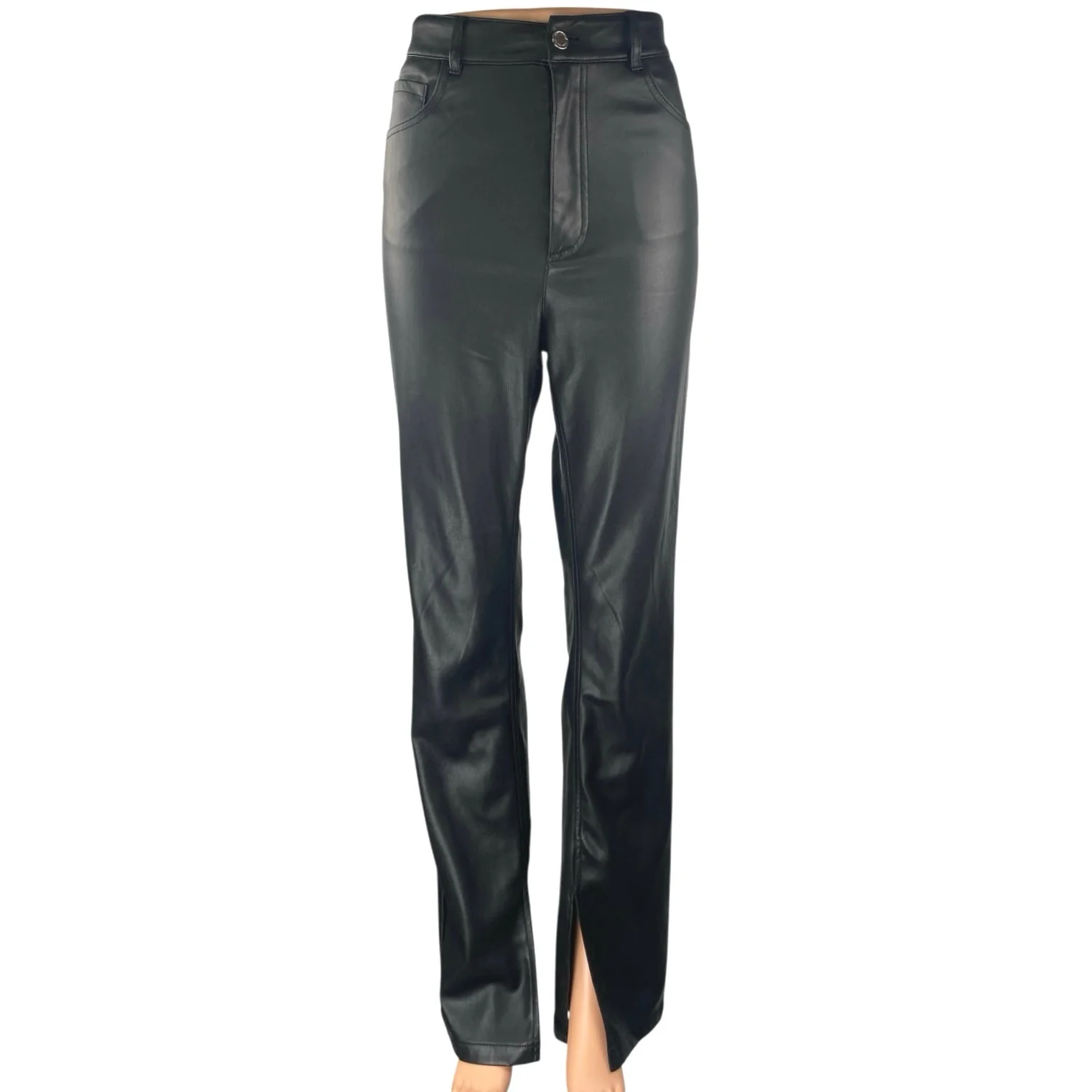 Zara Women's Black Leather High Waisted Straight Leg Split Hem Trousers Pants 6