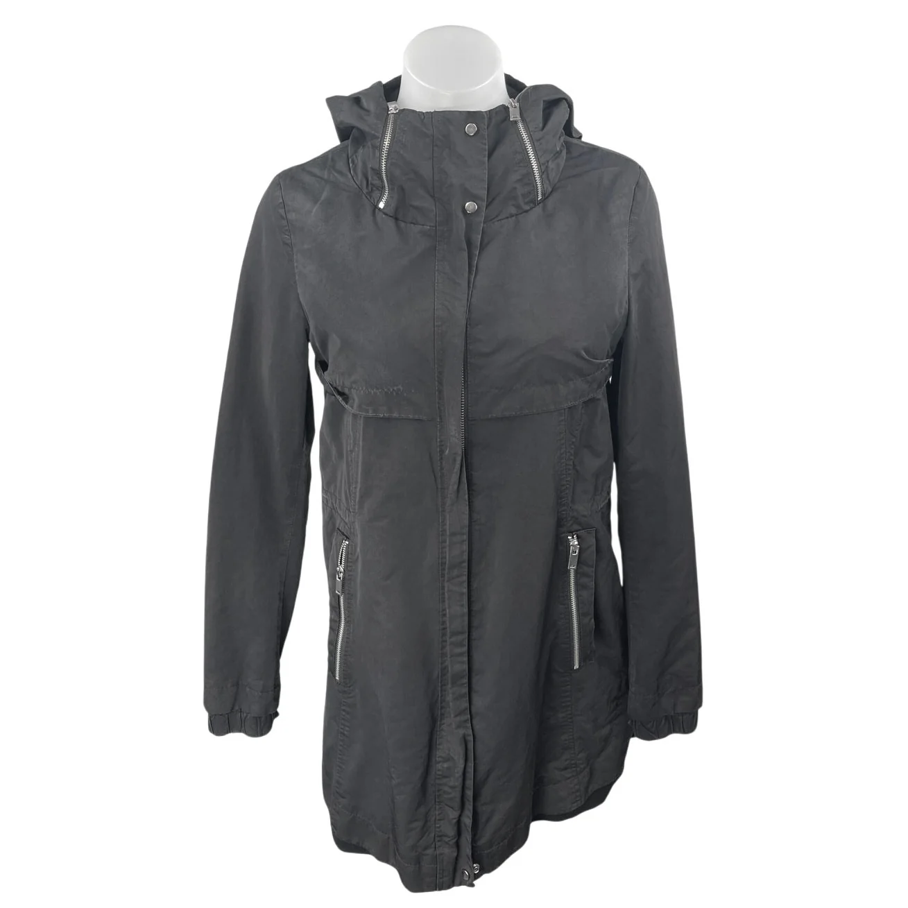 Zara Women's Black Long Sleeve Hooded Hoodie Zip Up Trench Rain Coat Jacket XS