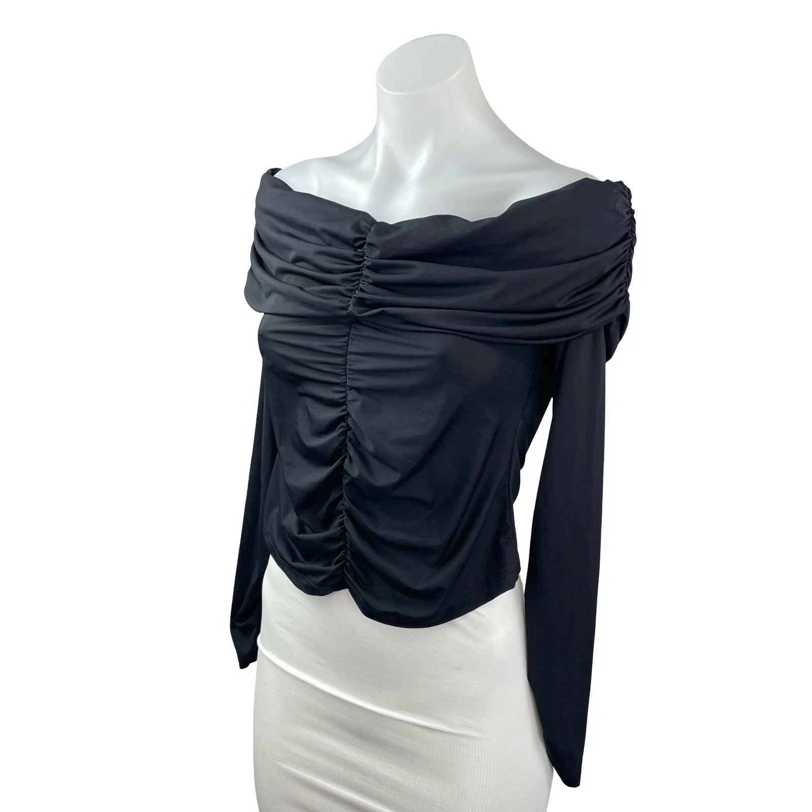 Zara Women's Black Off The Shoulder Ruched Long Sleeve Crop Blouse Top Size L - Image 3