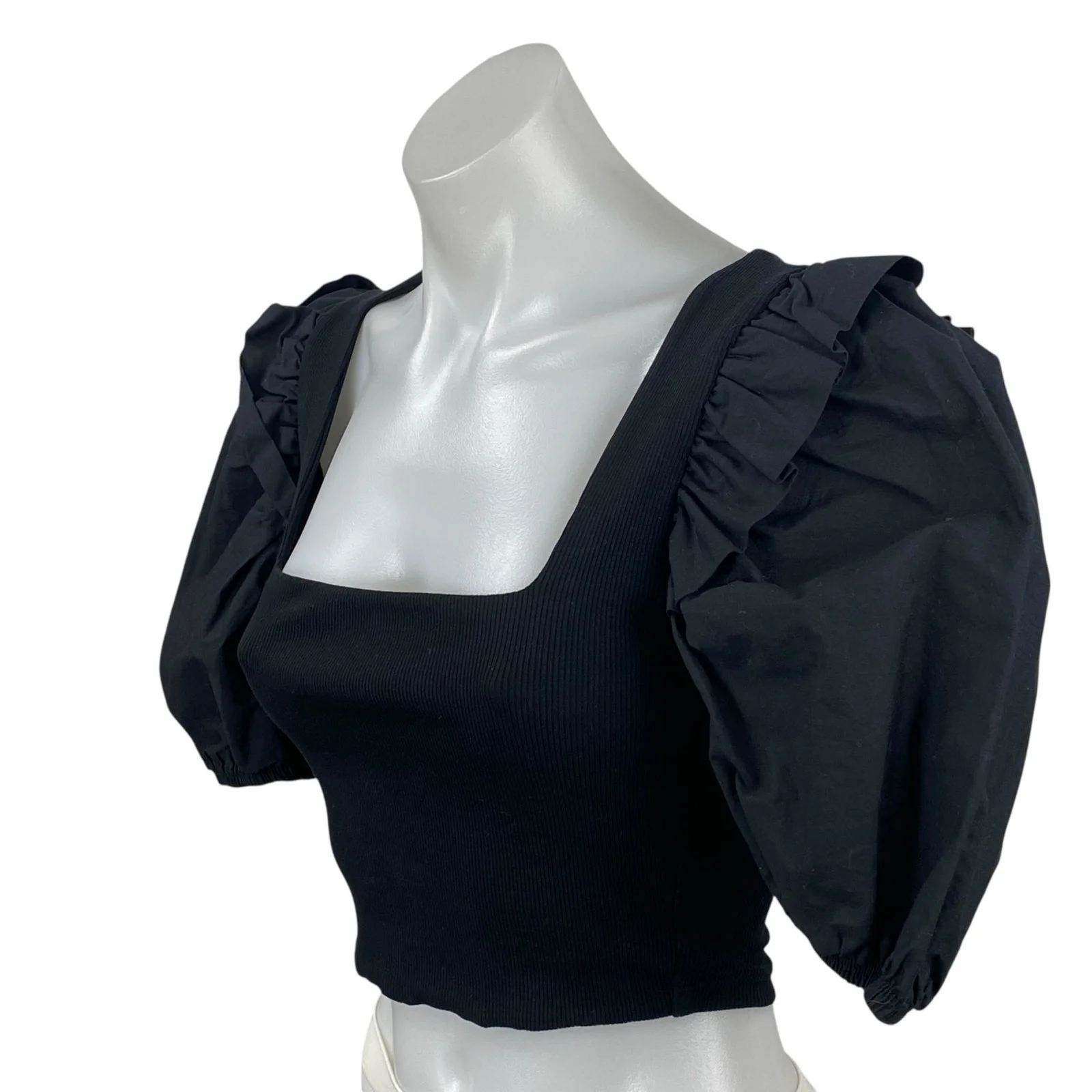 Zara Women's Black Puff Sleeve Square Neck Ribbed Knit Cropped Blouse Top Sz S - Image 3