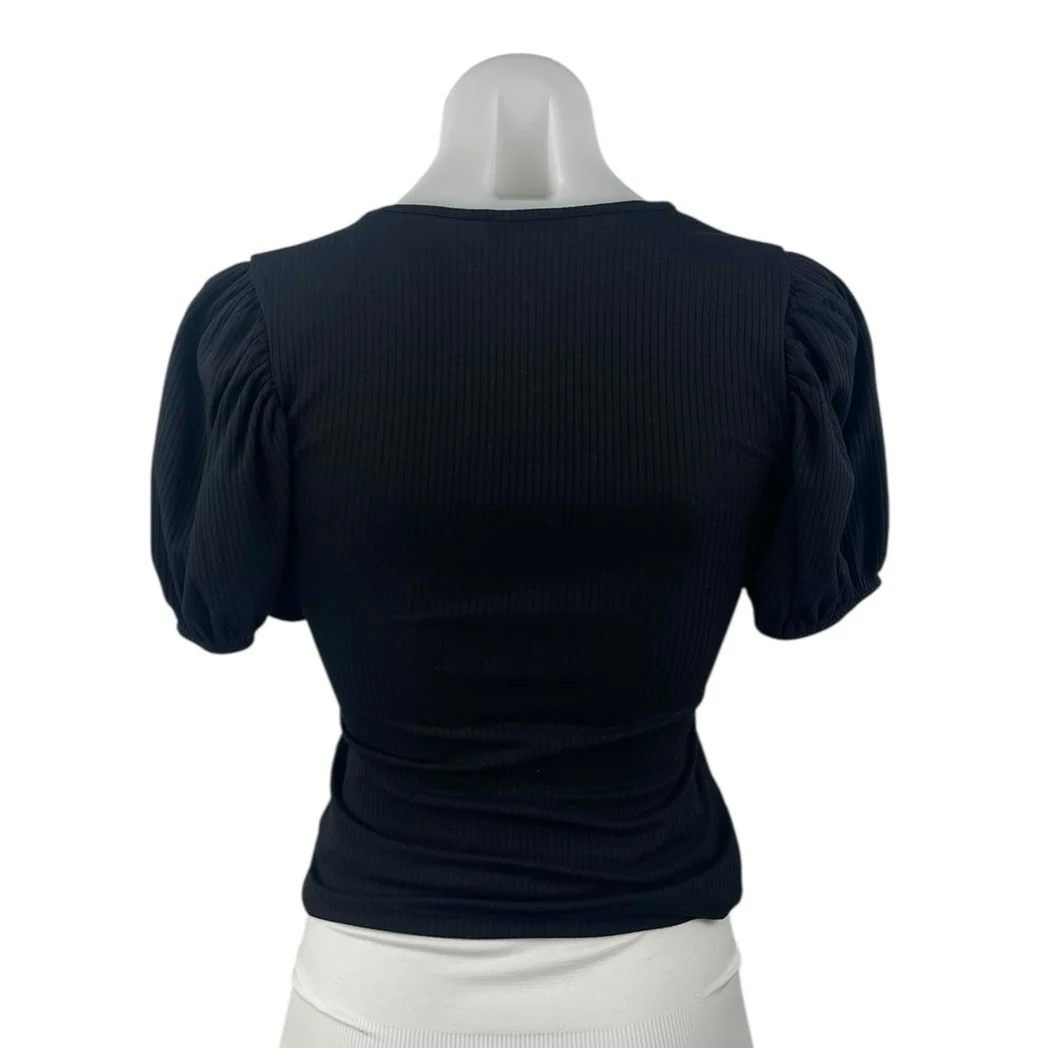 Zara Women's Black Ribbed Knit V-neck Short Puff Sleeve Crop Blouse Top Size S - Image 2