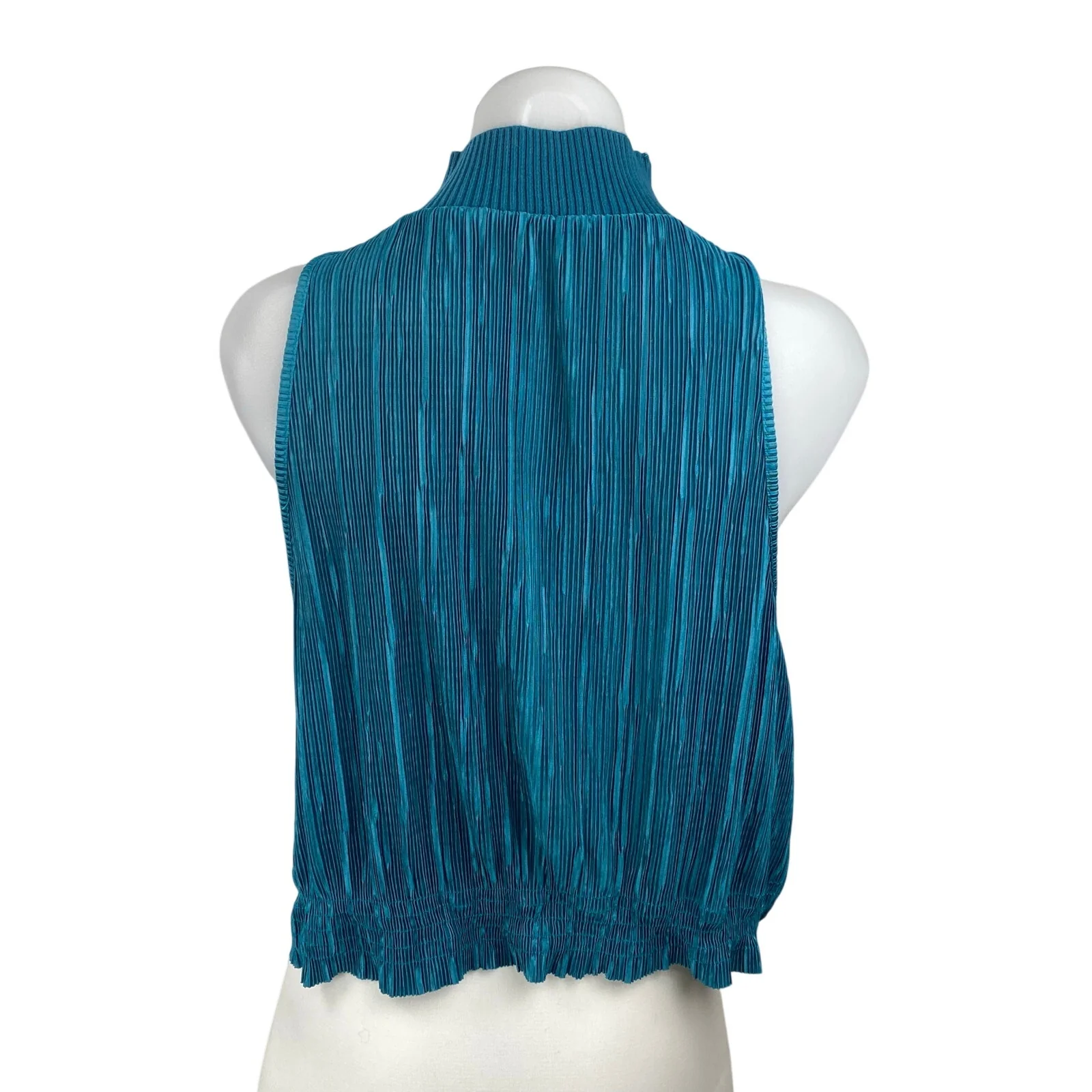 Zara Women's Blue Pleated Knit Plisse Turtleneck Sleeveless Blouse Top Size M - Image 4