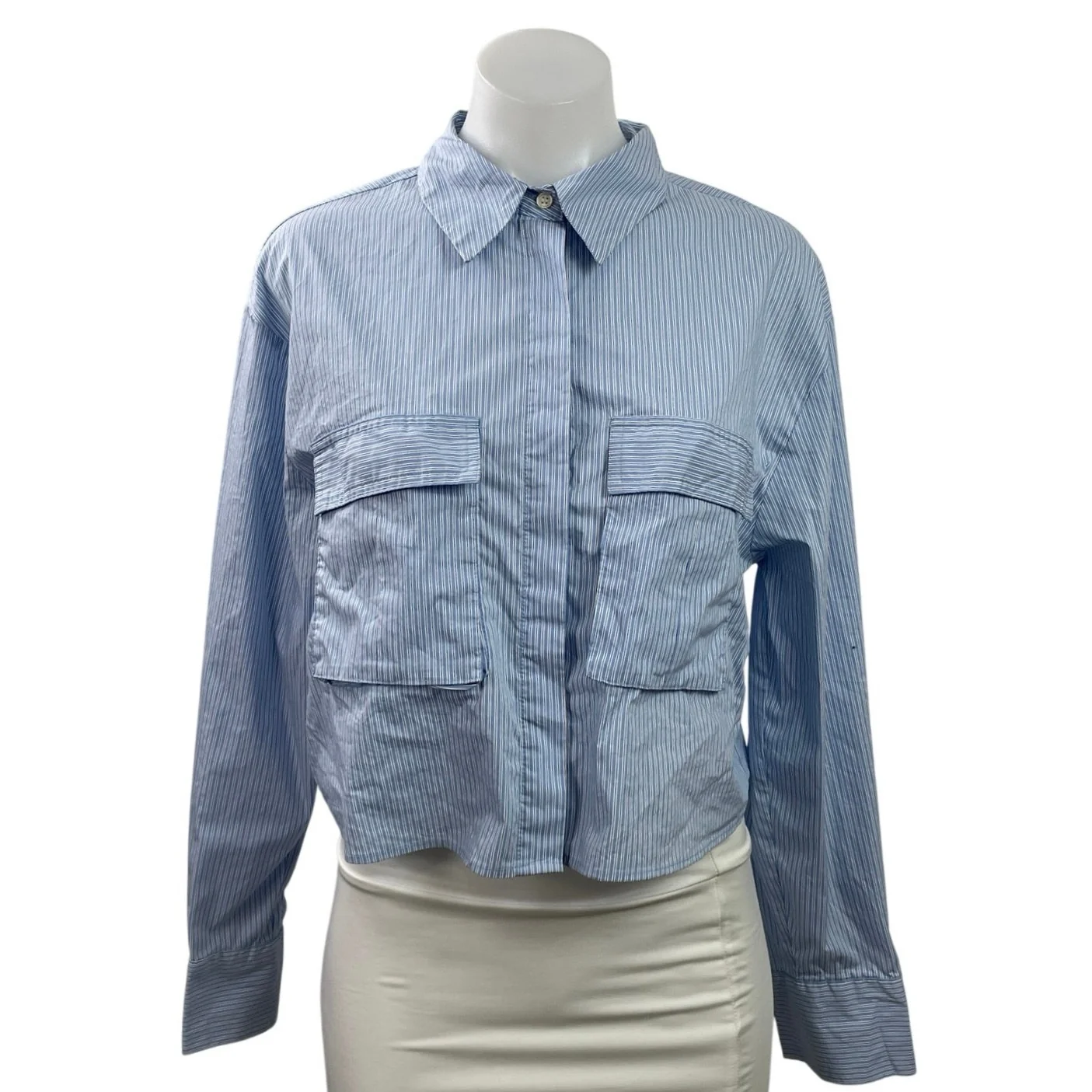 Zara Women's Blue Striped Long Sleeve Pocket Button Down Cropped Shirt Top Sz M