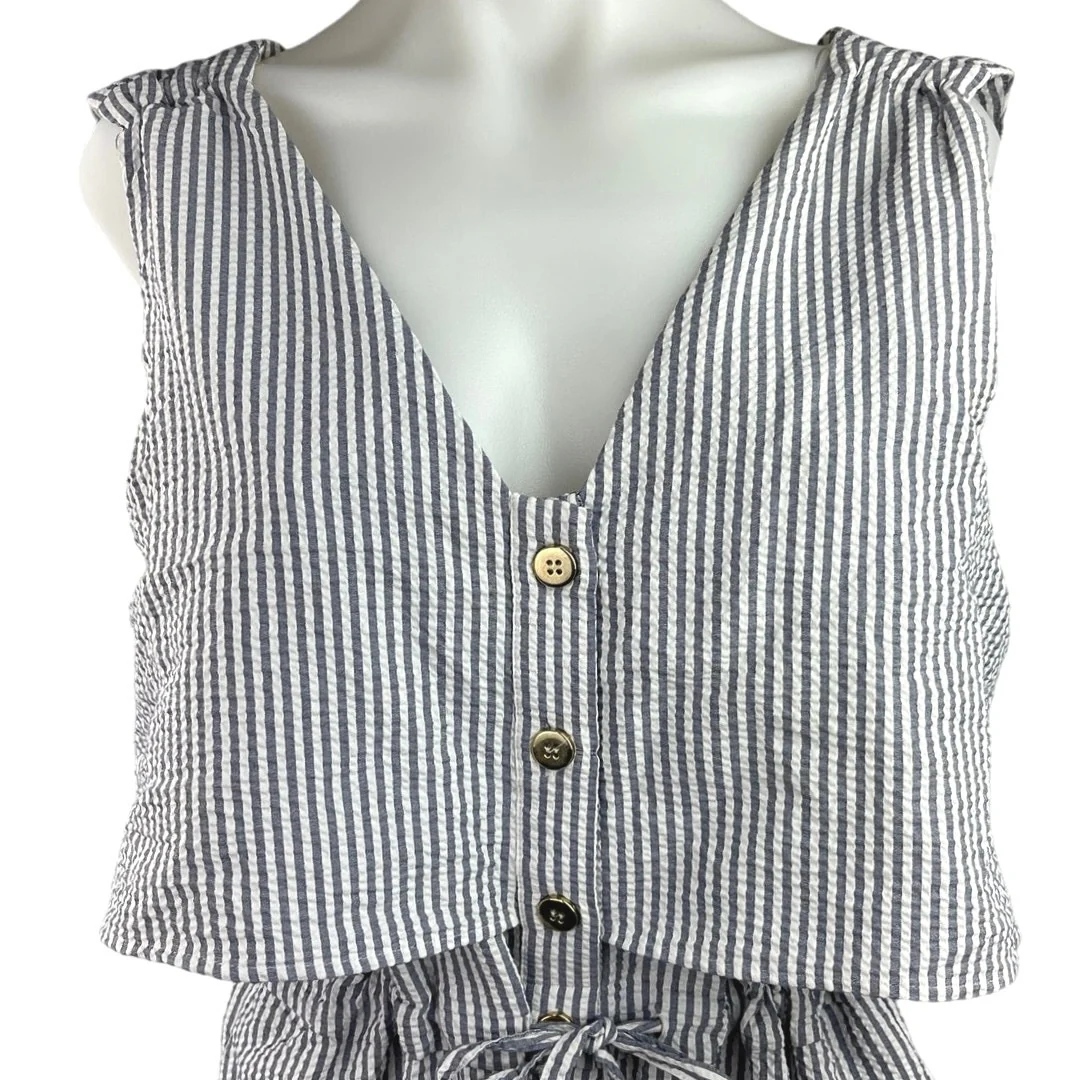 Zara Women's Blue Striped V Neck Sleeveless Drawstring One-Piece Jumpsuit Size M - Image 3