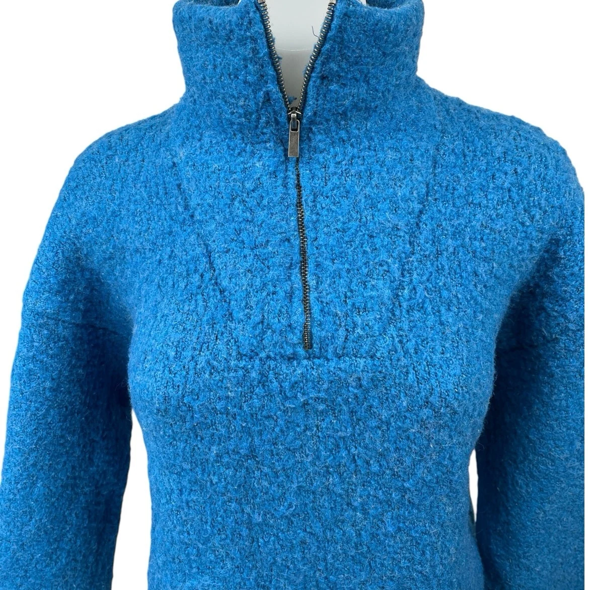 Zara Women's Blue Wool Half Zip Fuzzy Knit Mock Neck Pullover Sweater Top Size S - Image 3