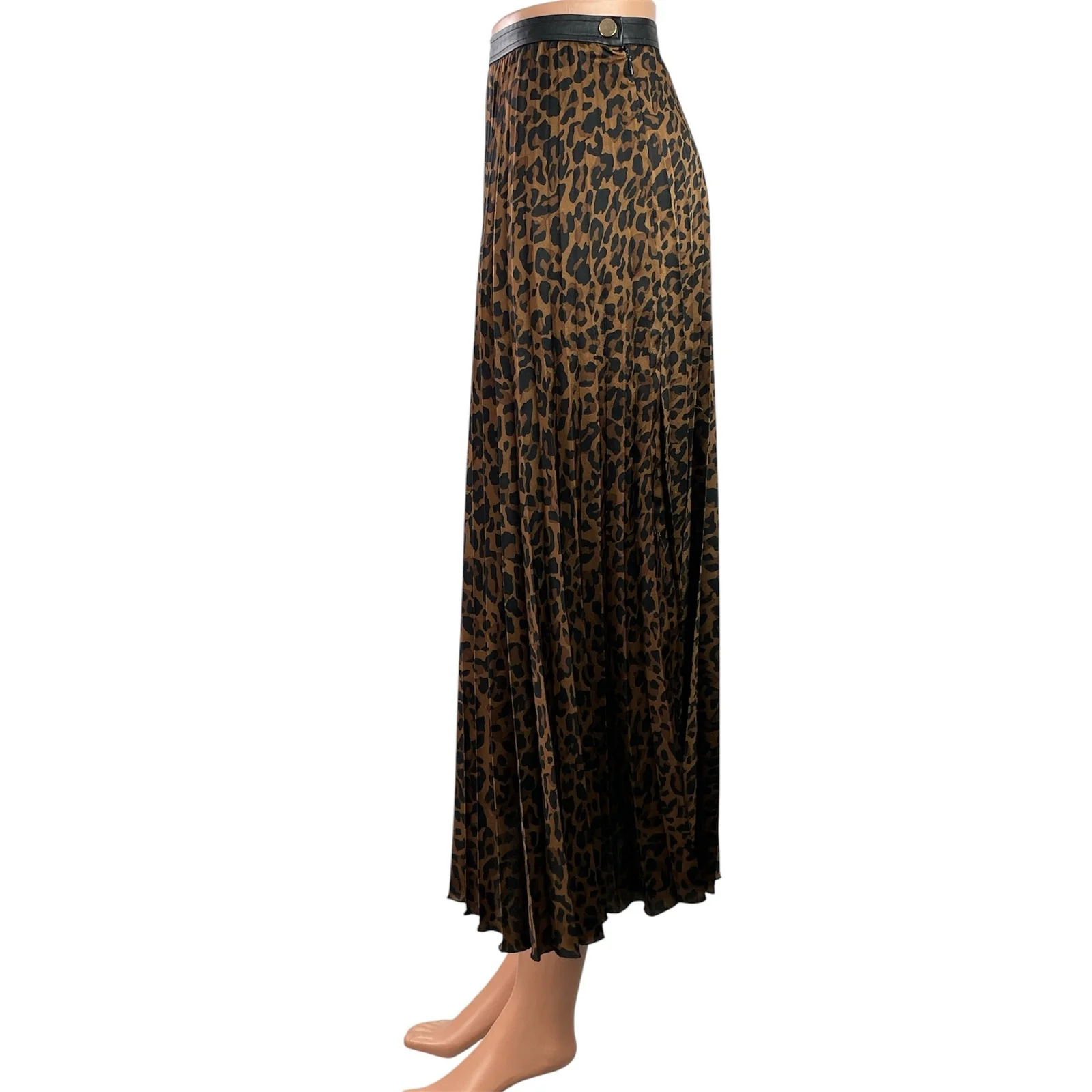 Zara Women's Brown Black Leopard Animal Print Pleated Midi A-Line Skirt Size XS - Image 2