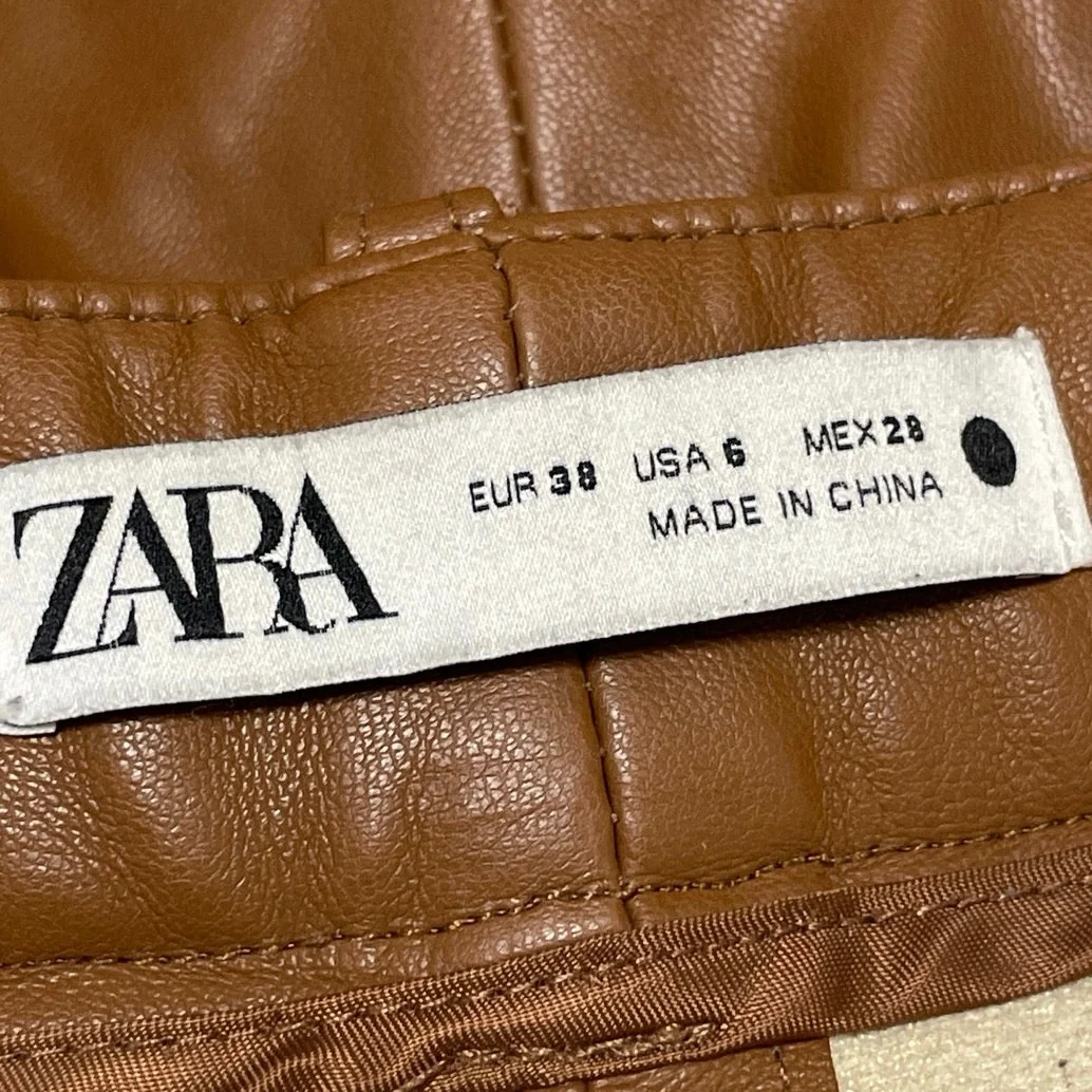 Zara Women's Brown Faux Leather Vegan Mid Rise Straight Trousers Pants Size 6 - Image 4