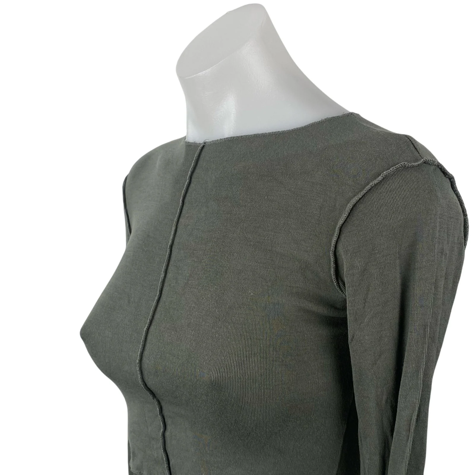 Zara Women's Green Expose Seam Crew Neck Long Sleeve Slim Crop T-Shirt Top Sz S - Image 3