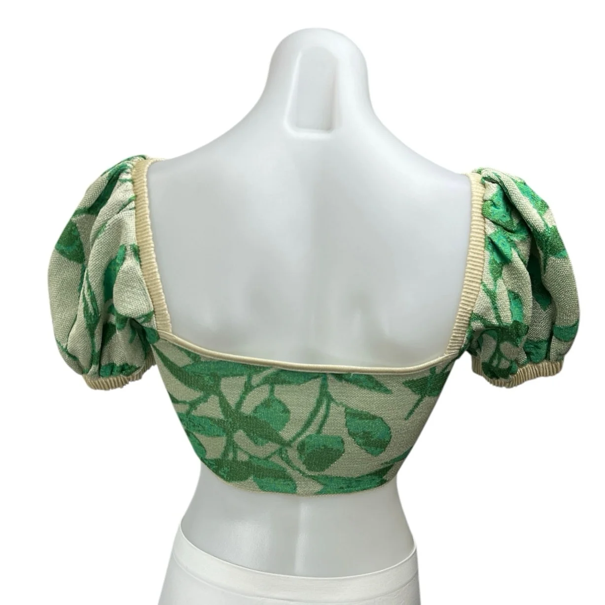 Zara Women's Green Leaf Print Knit Short Puff Sleeve Crop Blouse Top Size S - Image 2