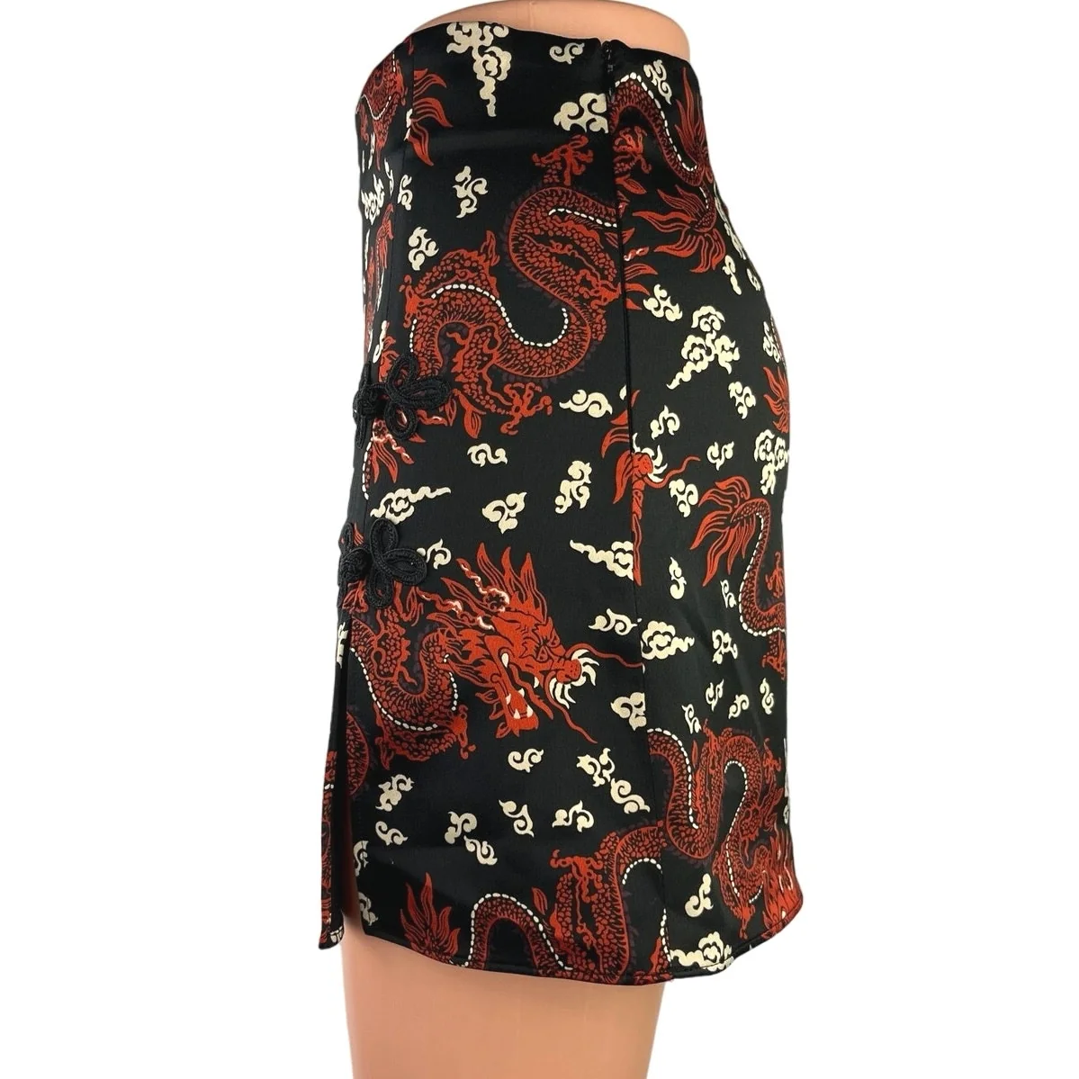 ZARA Women's Multi Chinese Dragon Print Silky Satin Slip Straight Mini Skirt XS - Image 2