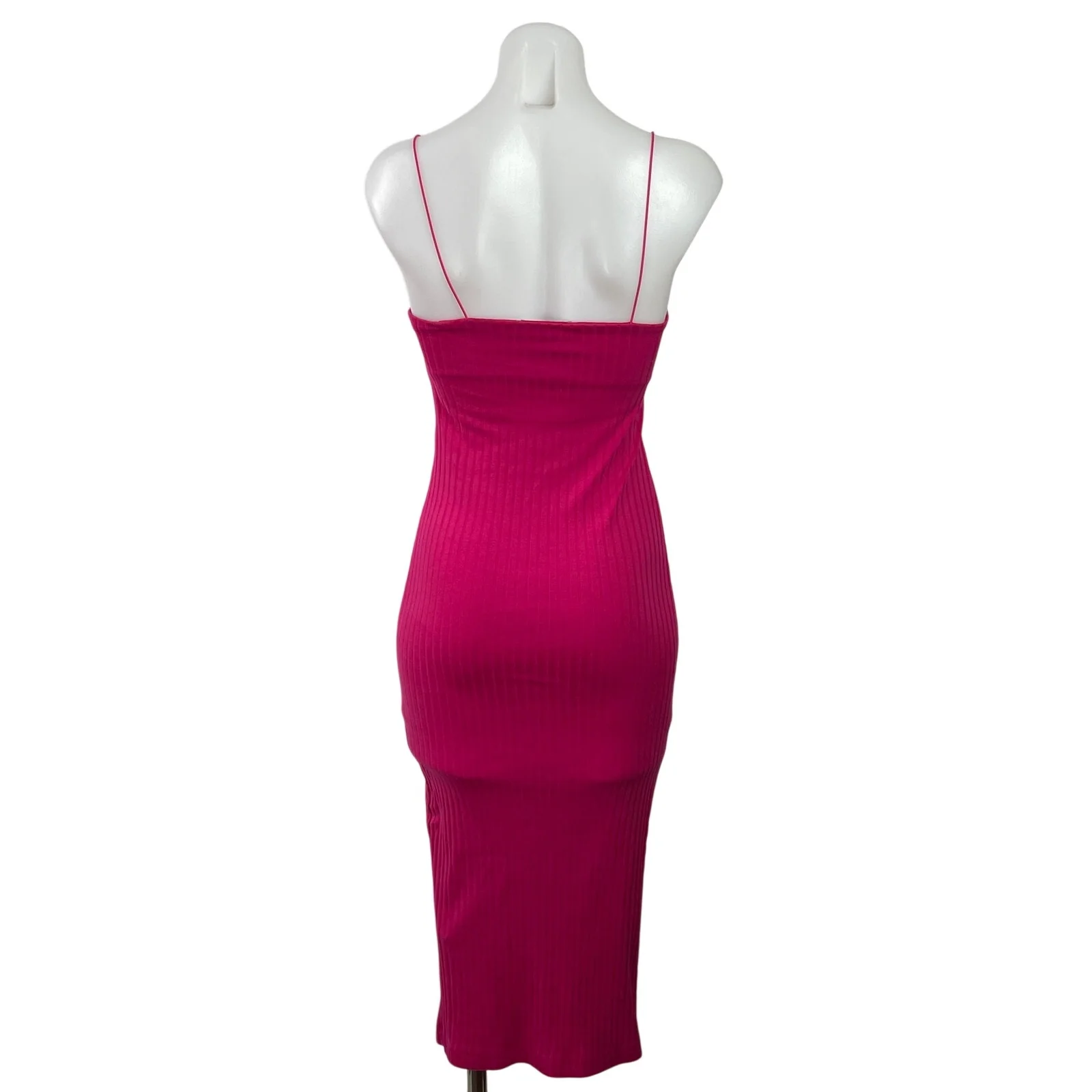 Zara Women's Pink Ribbed Knit Cami Spaghetti Strap Mid Bodycon Dress Size S - Image 3