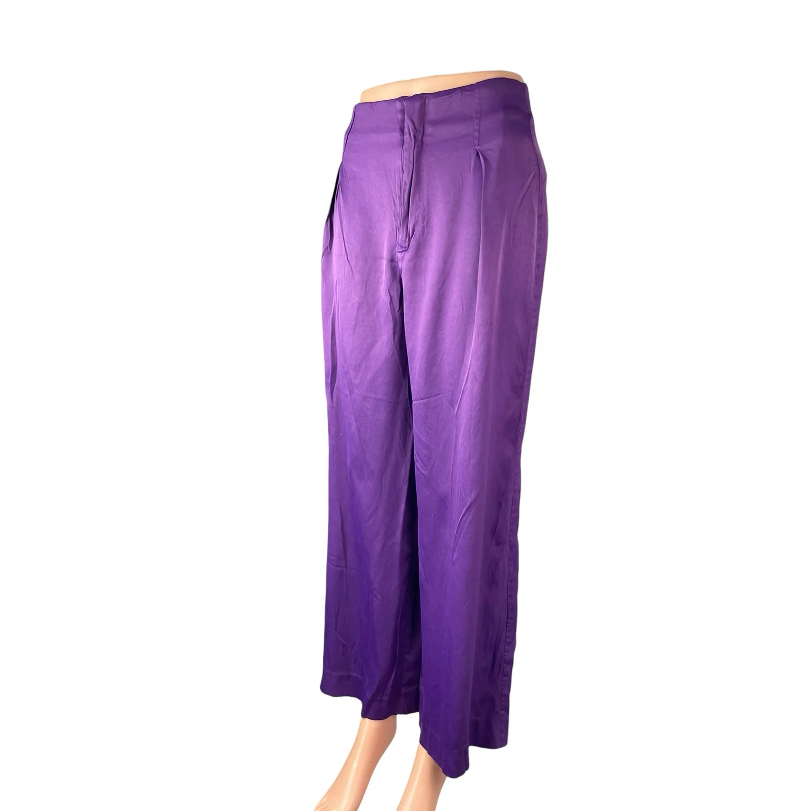 Zara Women's Purple High Rise Pleated Palazzo Wide Leg Trousers Dress Pants Sz M - Image 3