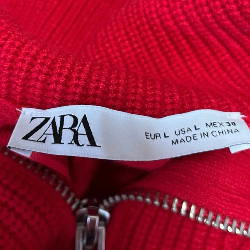 Zara Women's Red Knit 1/4 Zip Collared Long Sleeve Pullover Sweater Top Size L - Image 3