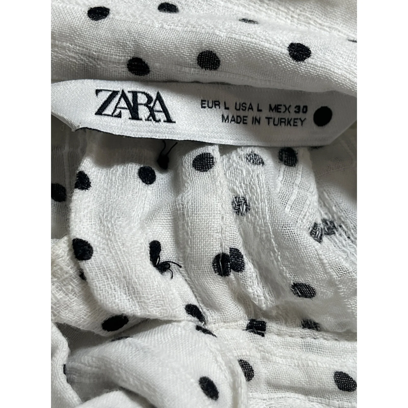 Zara Women's White Polka Dots Balloon Long Sleeve Tie High Neck Blouse Top Sz L - Image 5