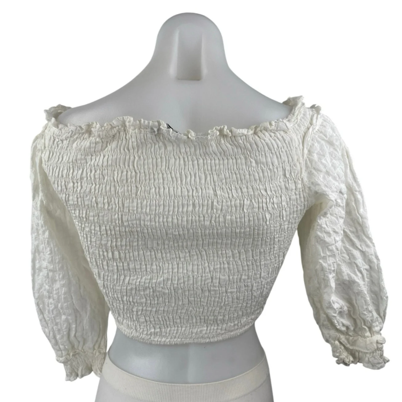 Zara Women's White Smocked Ruffle V Neck Half Sleeve Blouse Crop Top Size S - Image 2