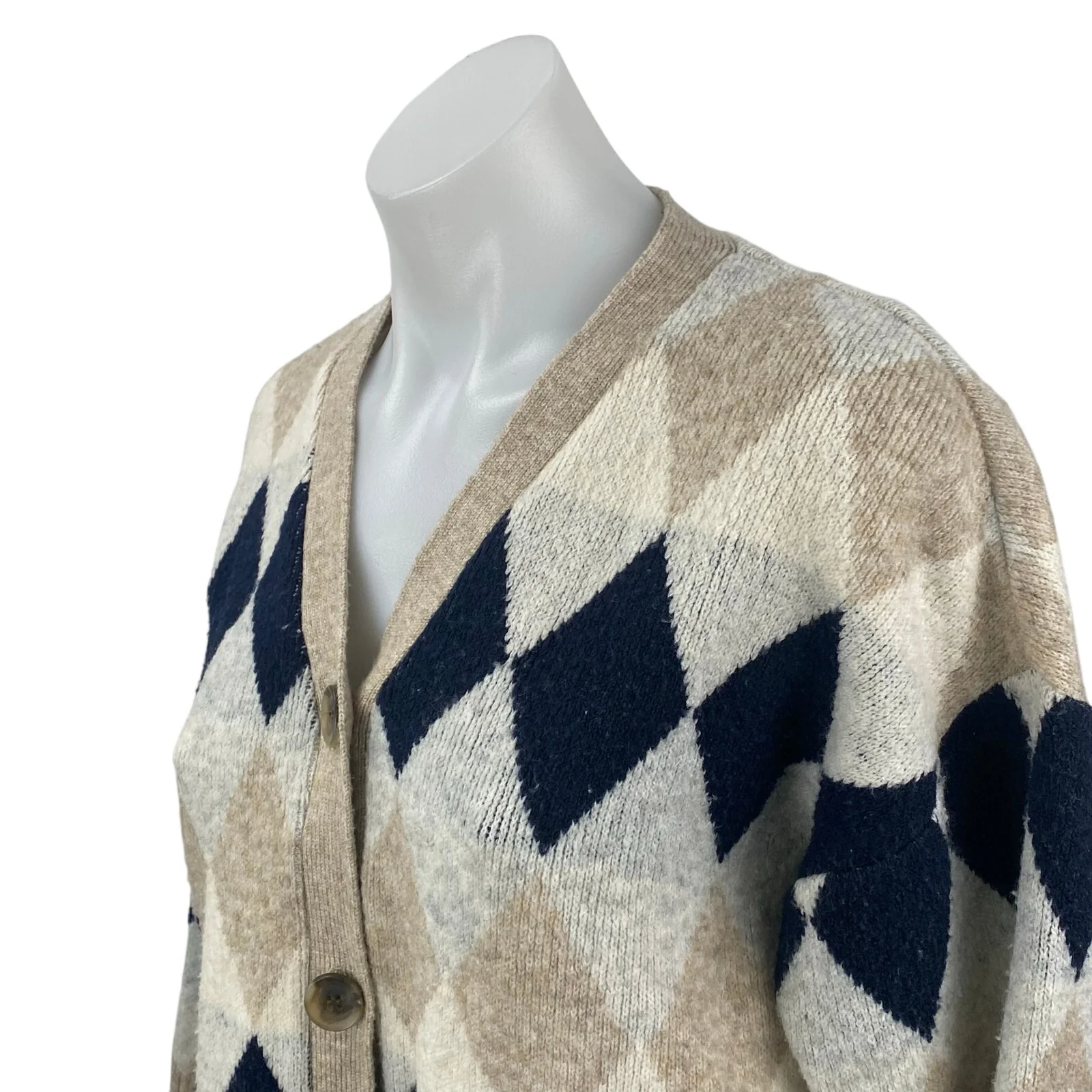 Zizae Women's Beige Argyle Diamond Long Sleeve Button Up Cardigan Sweater Size M - Image 2
