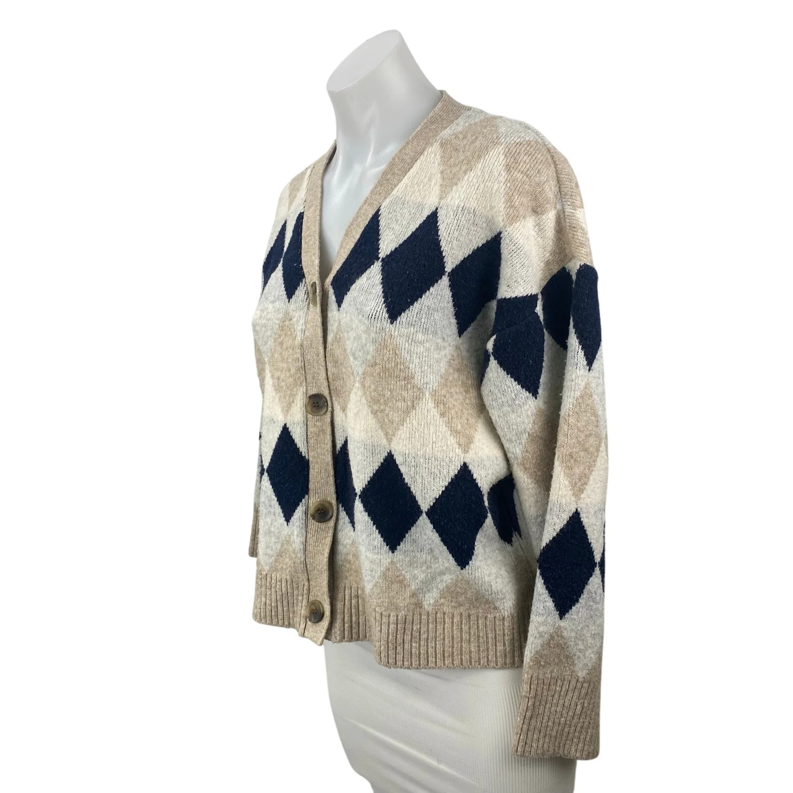 Zizae Women's Beige Argyle Diamond Long Sleeve Button Up Cardigan Sweater Size M - Image 3