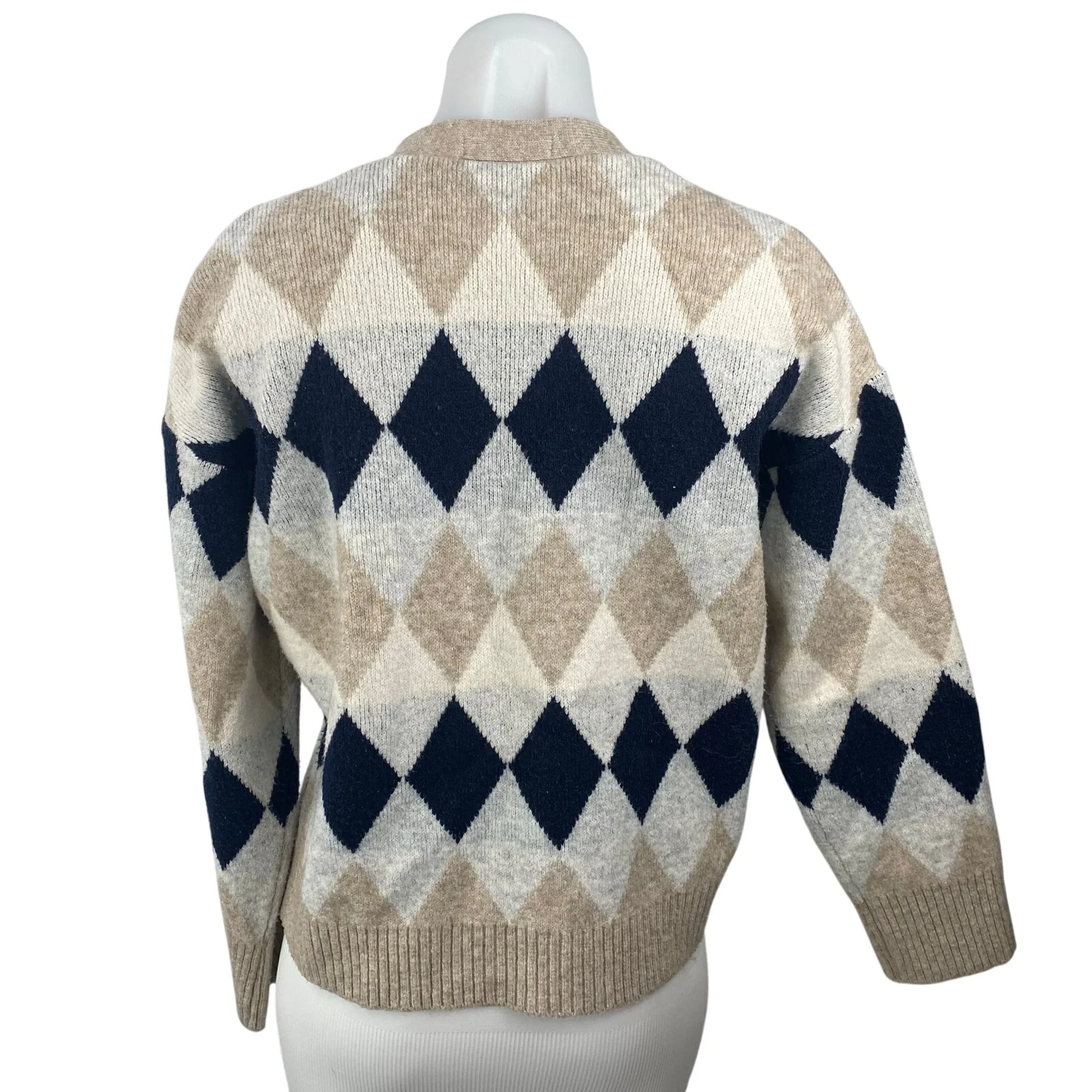 Zizae Women's Beige Argyle Diamond Long Sleeve Button Up Cardigan Sweater Size M - Image 4