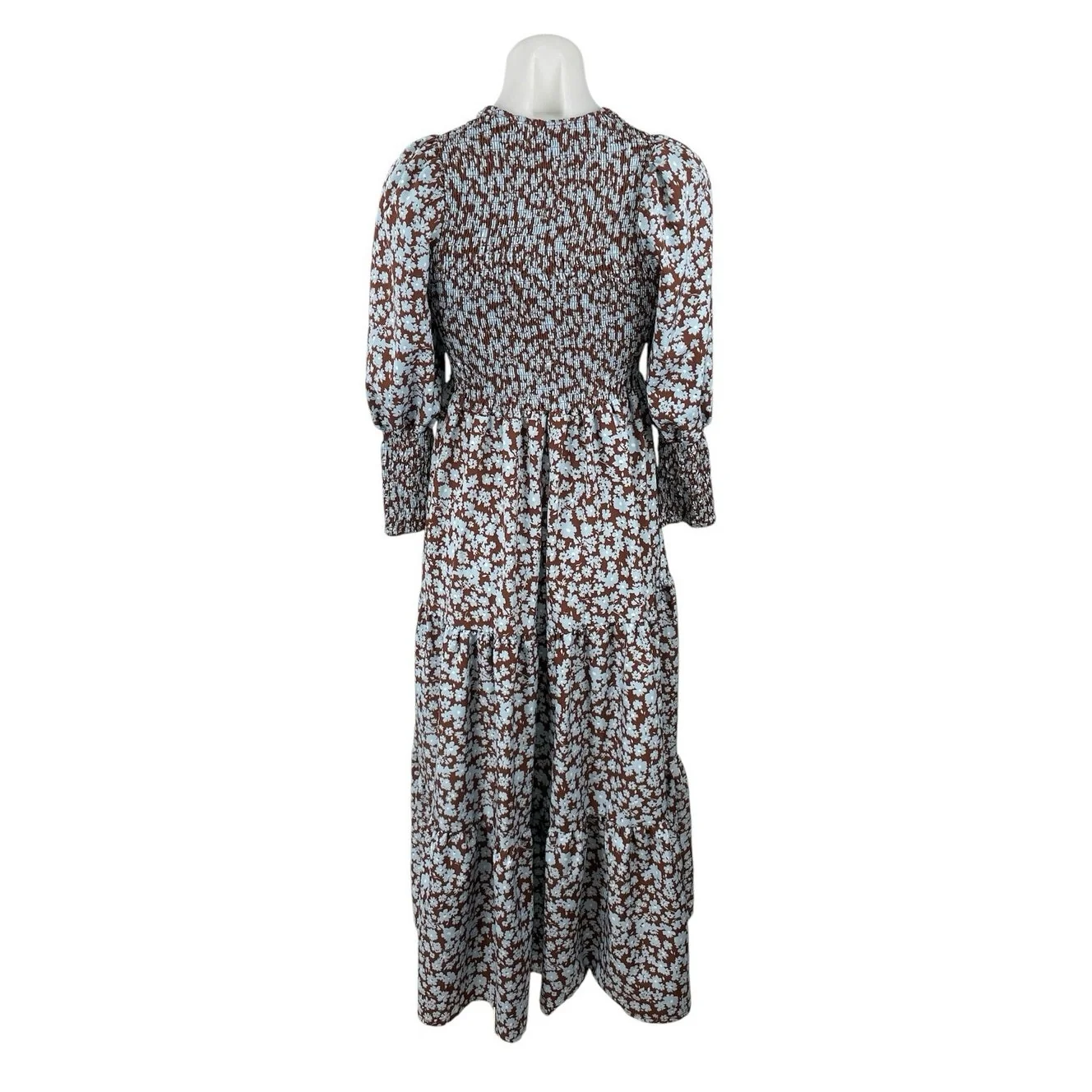 Zoya Brown Floral Shirred Long Balloon Sleeve Smocked Tiered A Line Maxi Dress 2 - Image 3